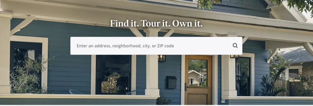Страница Zillow с заголовком вверху и строкой поиска под ним