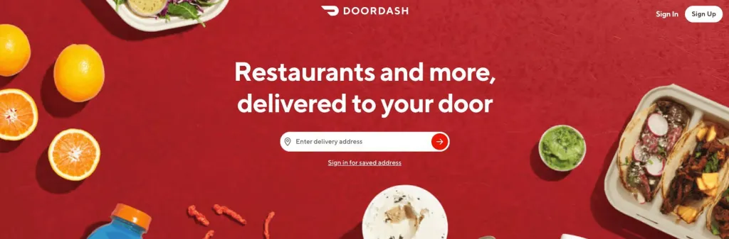 Страница Door Dash с меню/формой домашнего адреса прямо под заголовком
