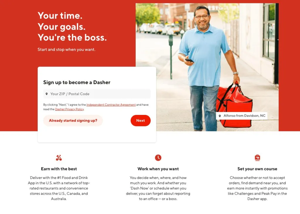 Страница регистрации водителя DoorDash с заголовком, фотографией и инструкциями