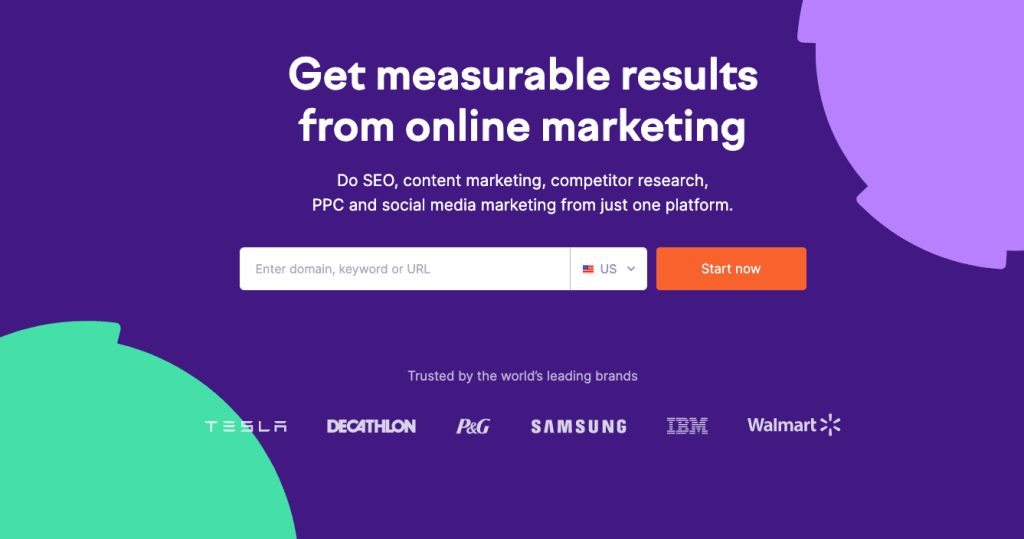 Страница Semrush с заголовком вверху, кнопкой поиска и компаниями, с которыми они работали, внизу.