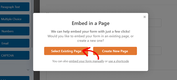 opção de seleção de página existente Select existing page option