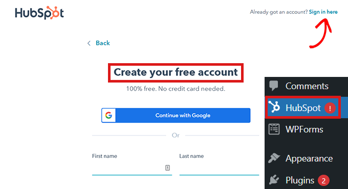 vá para o hubspot a partir do painel Go to HubSpot from the dashboard and click Sign in here link