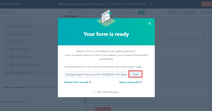 pop-up de código curto Copy the shortcode