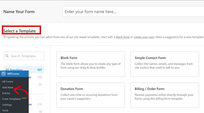 select-wpform-template Select a template for yourself from the WPForms template library