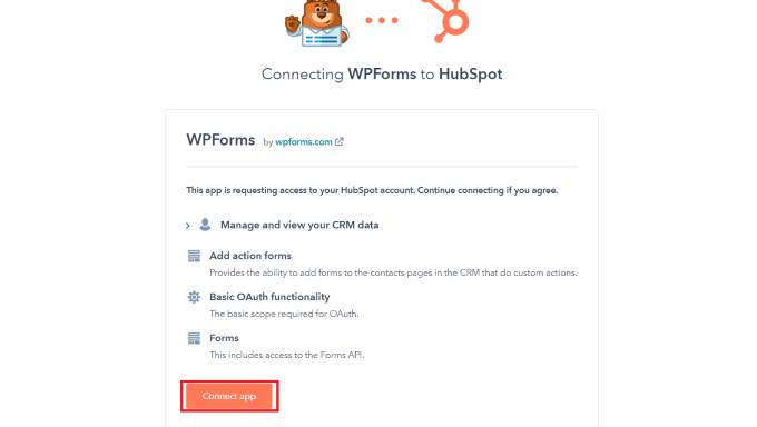 conectar-hubspot-and-wpforms Click Connect App button to connect WPForms and HubSpot