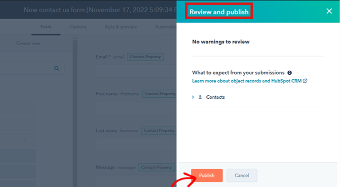 botão de revisão e publicação Click Submit button