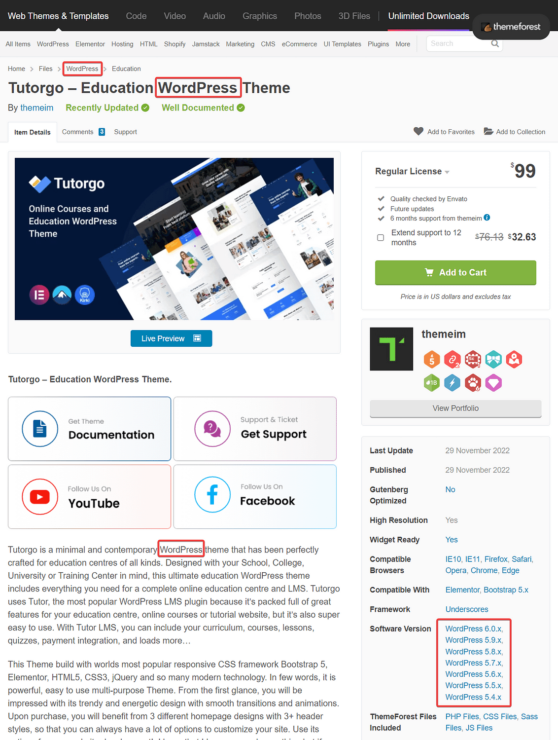 página do tema wordpress em themeforest - folha de estilo css de estilo ausente
