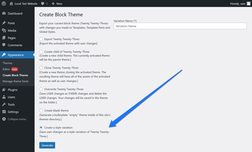crie variação de estilo com o plug-in de criação de tema de bloco