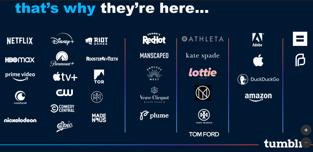 Logotipos de marcas corporativas que participam do Tumblr, como Netflix, Kate Spade, Adobe e muito mais.