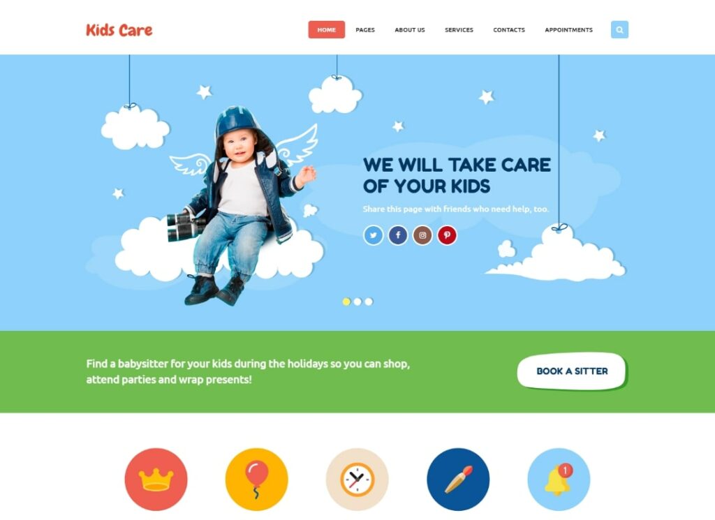 Cuidados com crianças | Um tema WordPress infantil multifuncional