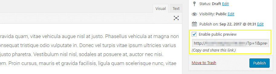 WordPress 게시물 초안을 공유하기 위한 임시 링크 받기.