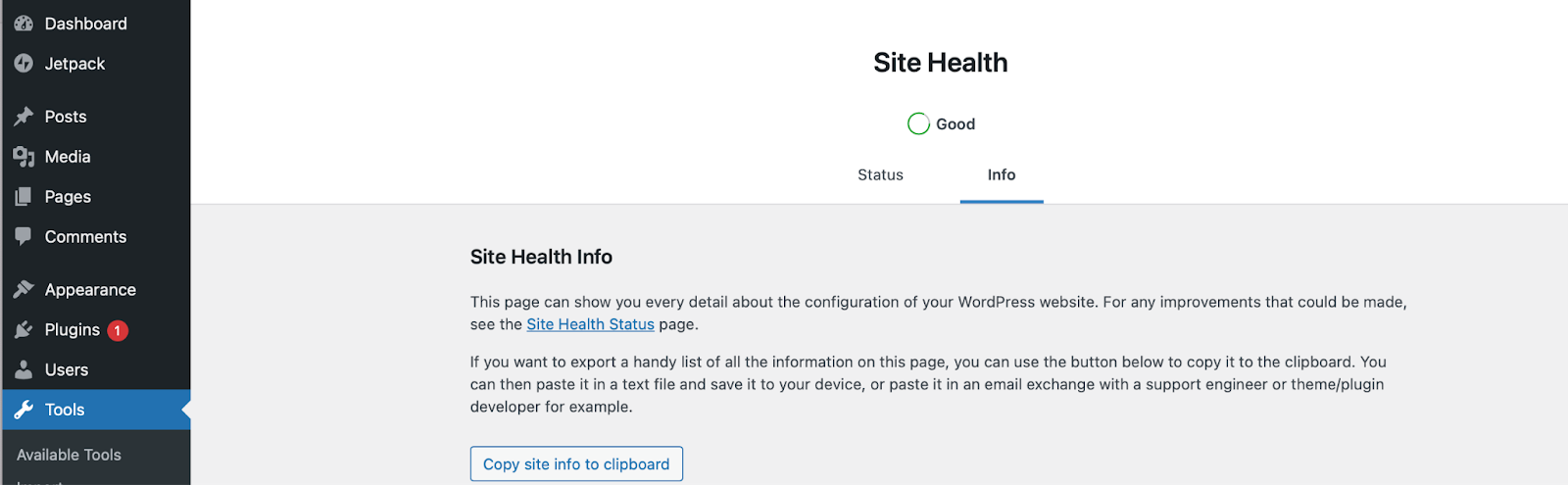 Page Santé du site à l'intérieur du tableau de bord WordPress