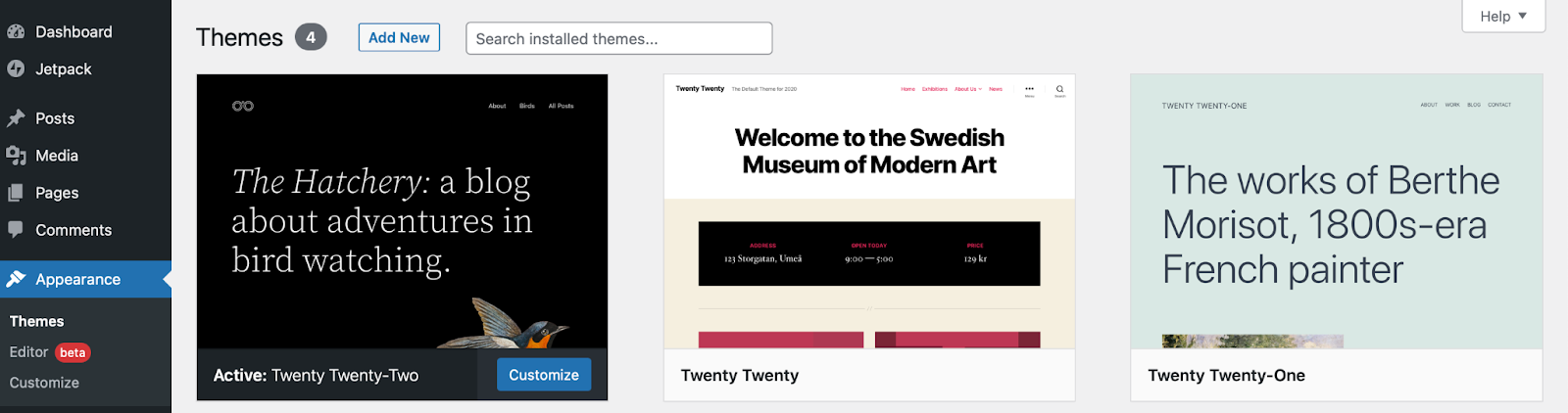 la page des thèmes à l'intérieur de WordPress