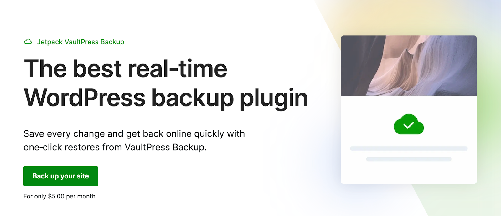 Page d'accueil Jetpack VaultPress Backup avec le texte "Le meilleur plugin de sauvegarde WordPress en temps réel".
