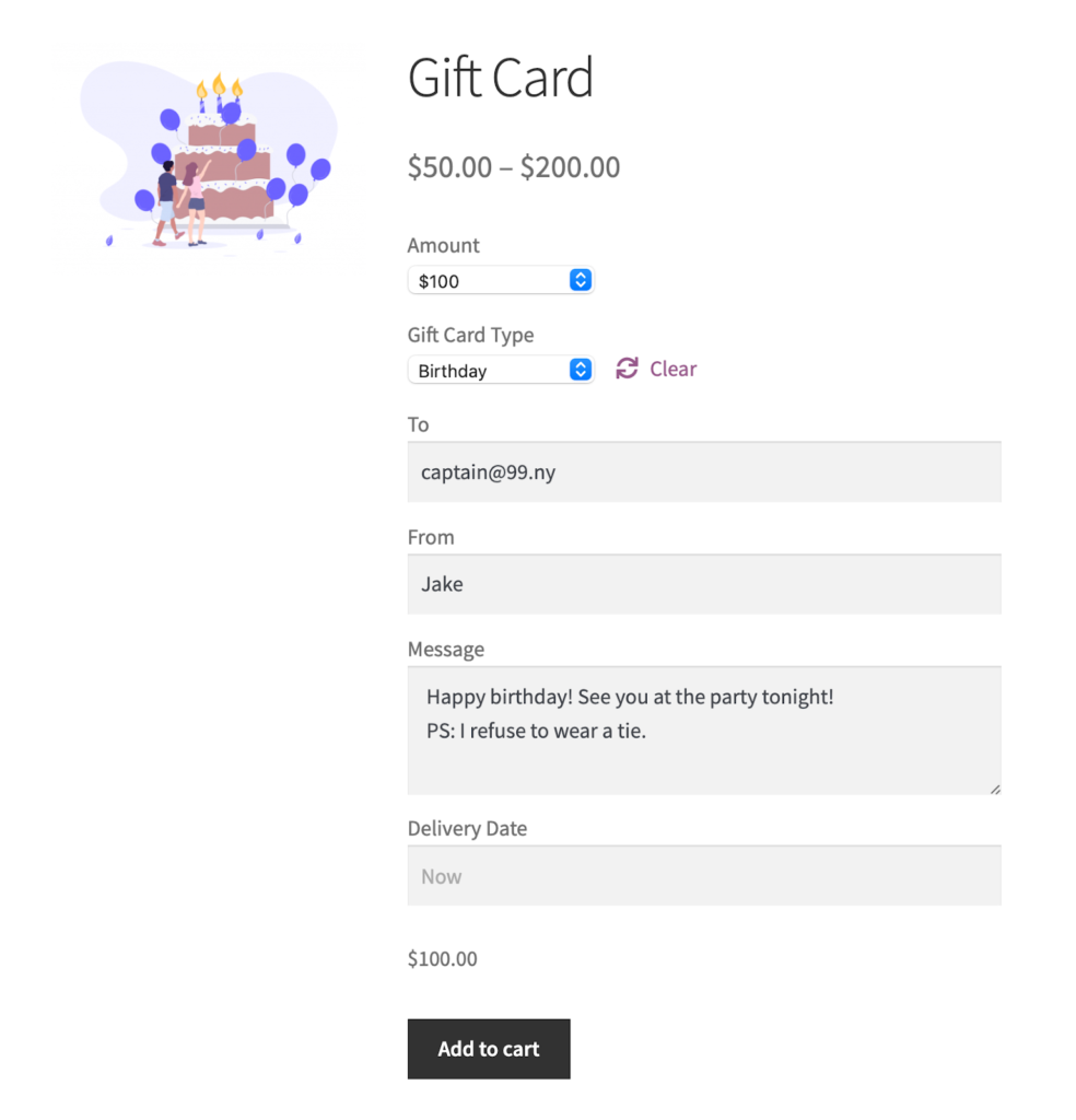 Produk kartu hadiah WooCommerce dibuat