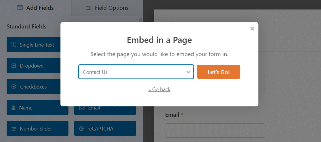 Selecting a page to embed form