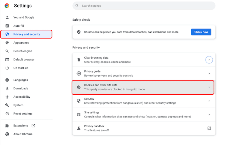 清除 Google Chrome 上的第三方 cookie - 第 1 步 - 來源:Chrome 設置