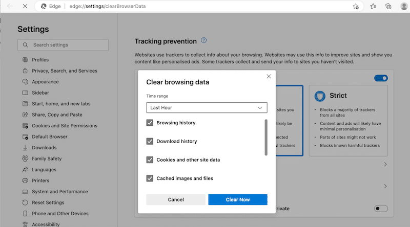 清除 Microsoft Edge 上的緩存和 cookie - 第 2 步 - 來源:Microsoft Edge