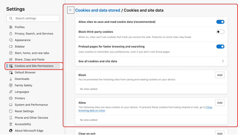 設置中的 Cookie 管理 - 來源:Microsoft Edge