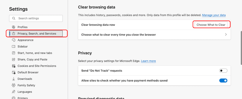 設置中的高級緩存 - 來源:Microsoft Edge