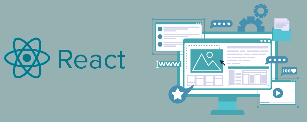 Mostrando uma área de trabalho e muitas interfaces usando designs diferentes à direita e o logotipo do React à esquerda