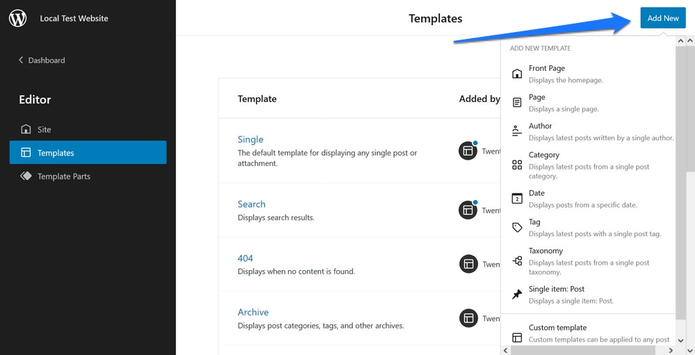aggiungi modelli personalizzati nell'editor del sito wordpress