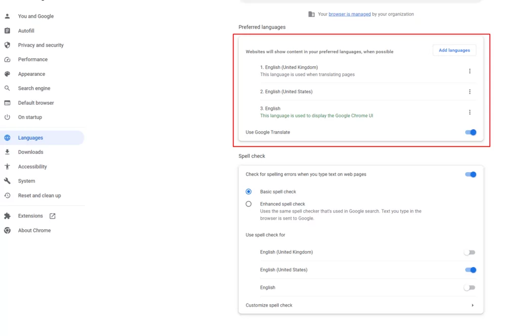 تفضيلات لغة Google