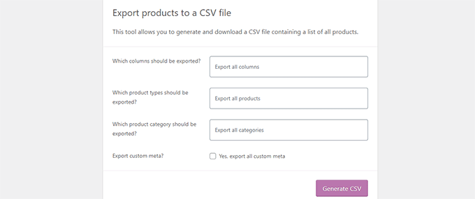 Opsi ekspor produk WooCommerce default Default WooCommerce product export options