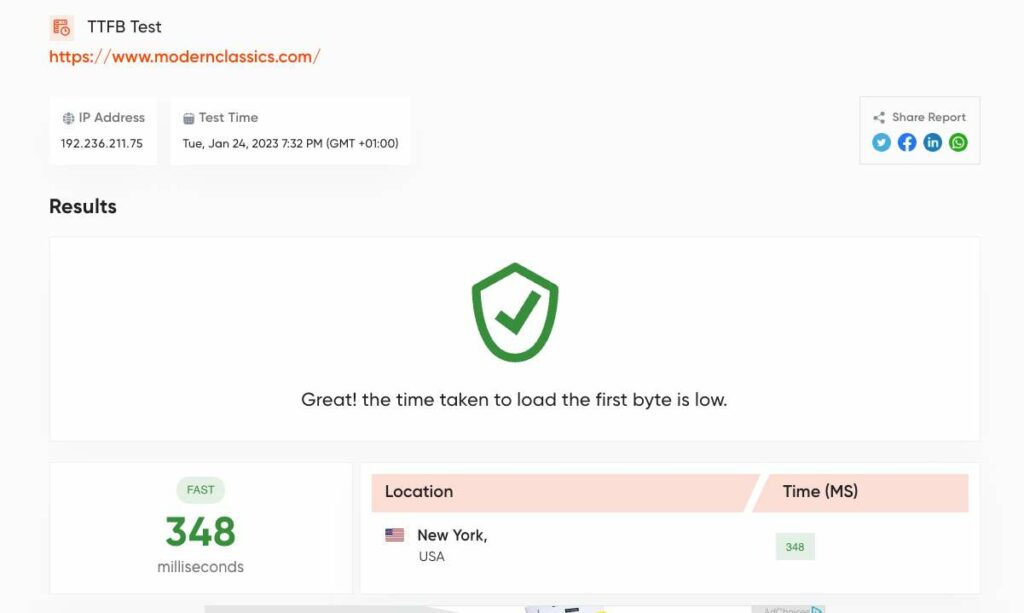 проверить скорость hostwinds с помощью тестирования TTFB