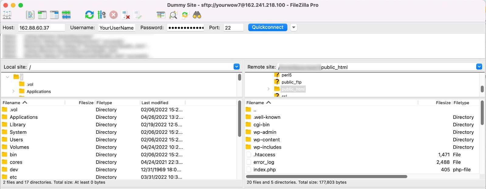 FileZilla aracılığıyla görüntülenen public_html klasörü örneği
