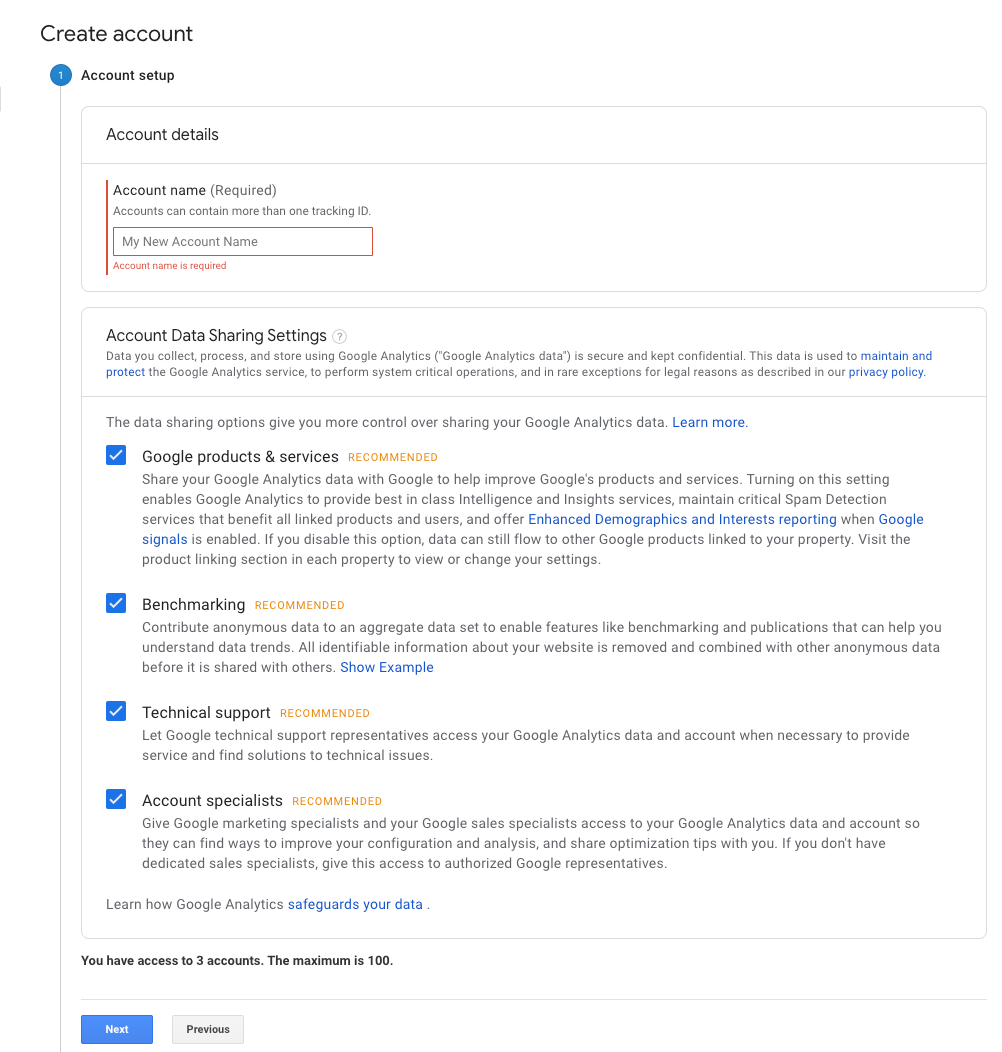 Google Analytics'te bir hesap adı oluşturun