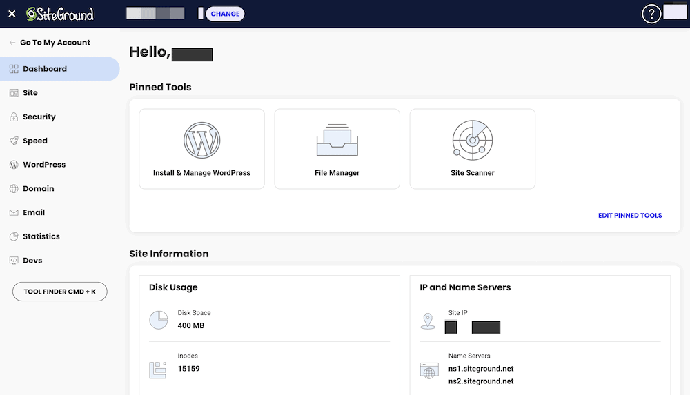 แดชบอร์ดของ SiteGround สำหรับไซต์เดียว