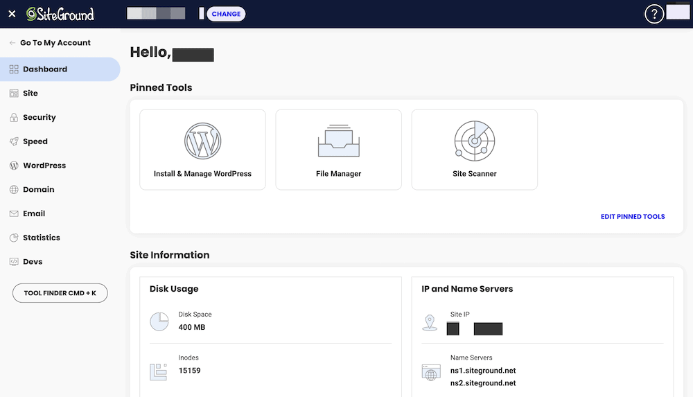 Tek bir site için SiteGround'un kontrol paneli.