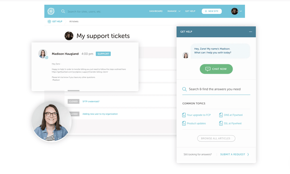 เว็บไซต์ของ Flywheel แสดงตัวเลือกการสนับสนุนลูกค้า