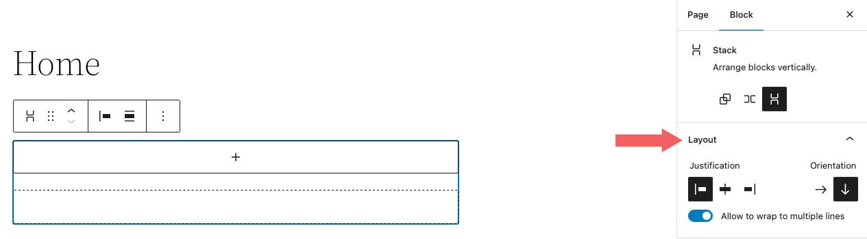 إعدادات تخطيط Stack Block