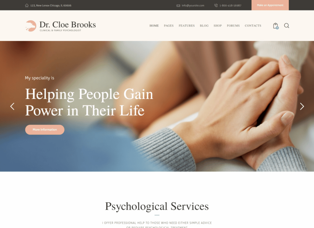 Cloe Brooks - Tema WordPress Psihologie, Consiliere și Medicală