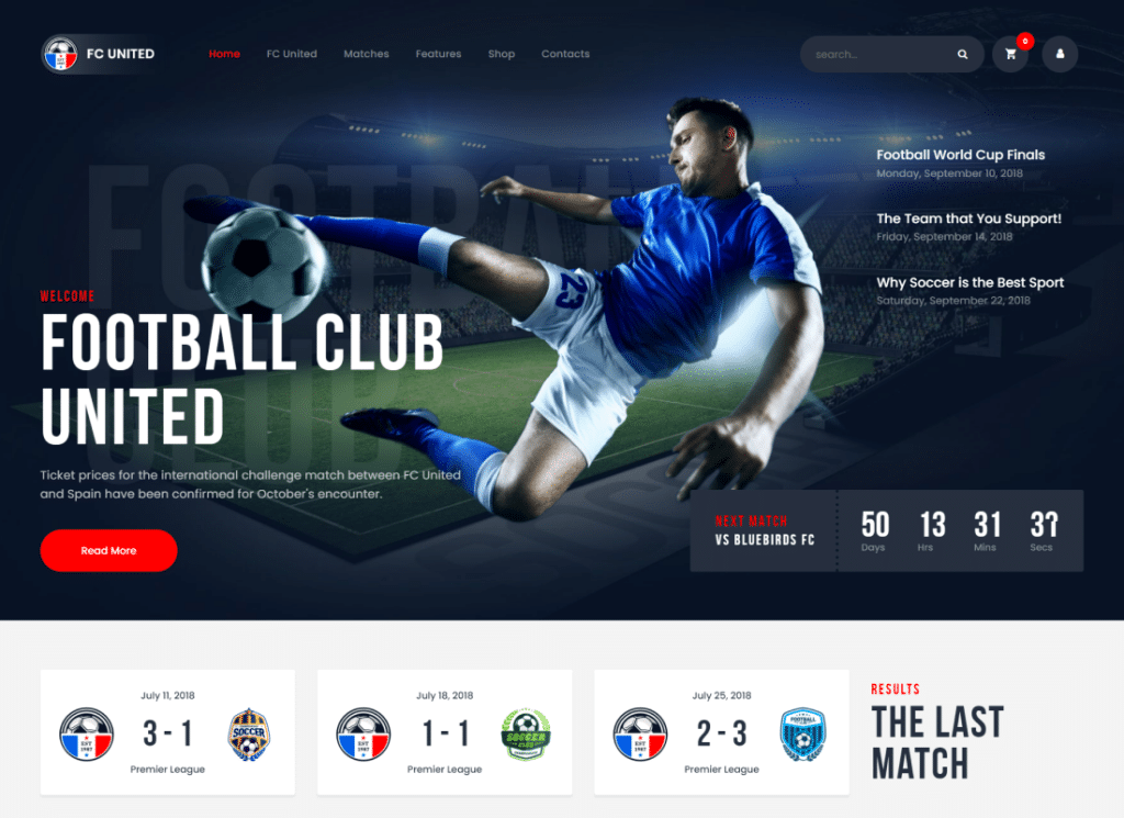 FC United - Temă WordPress pentru fotbal, fotbal și sport