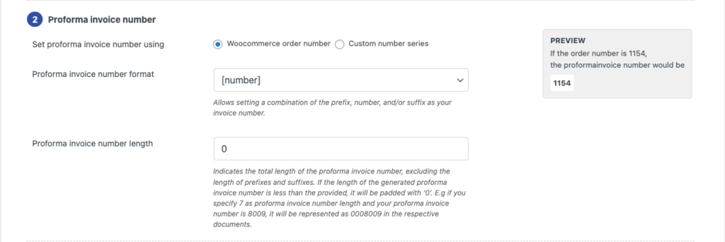 Configuración del número de factura proforma