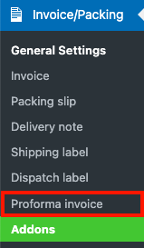 เลือกใบแจ้งหนี้ Proforma จากแผงควบคุม WordPress