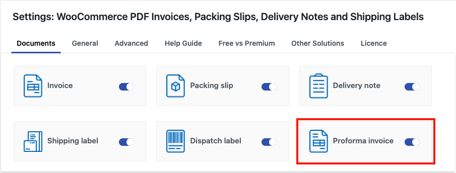 Habilite la factura proforma desde la página de configuración de la factura en PDF de WooCommerce