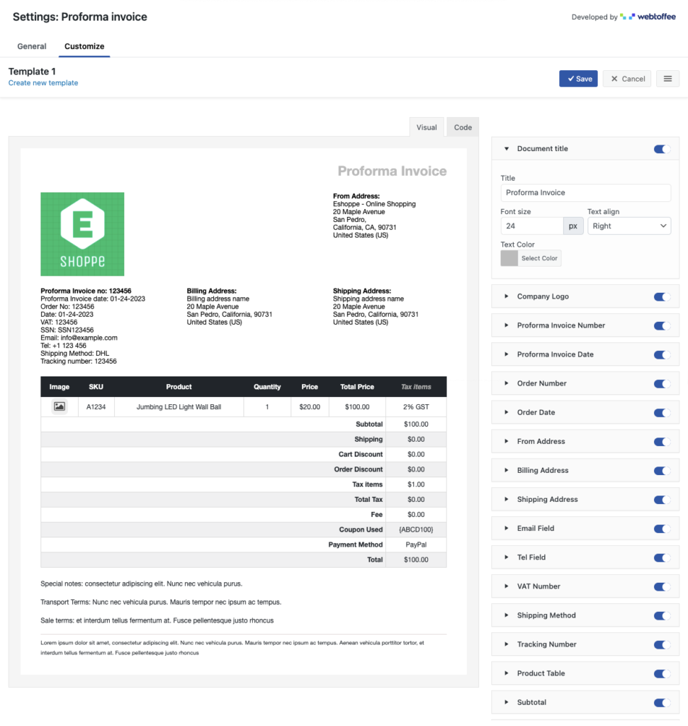 การปรับแต่งใบแจ้งหนี้ WooCommerce proforma