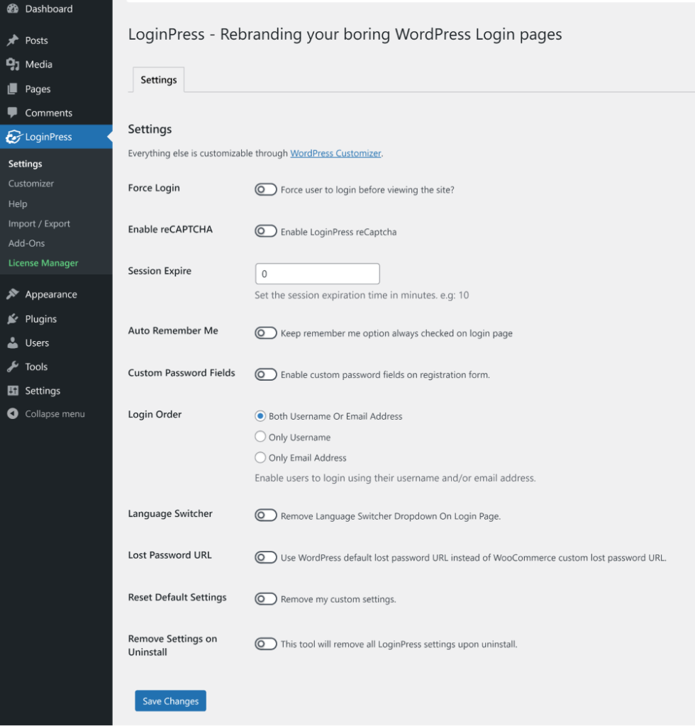 Página de configuración de LoginPress