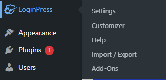 LoginPress-Registerkarte aus dem WordPress-Dashboard