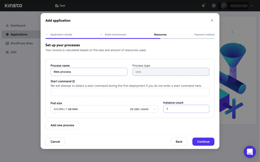 Processus de configuration de l'application MyKinsta