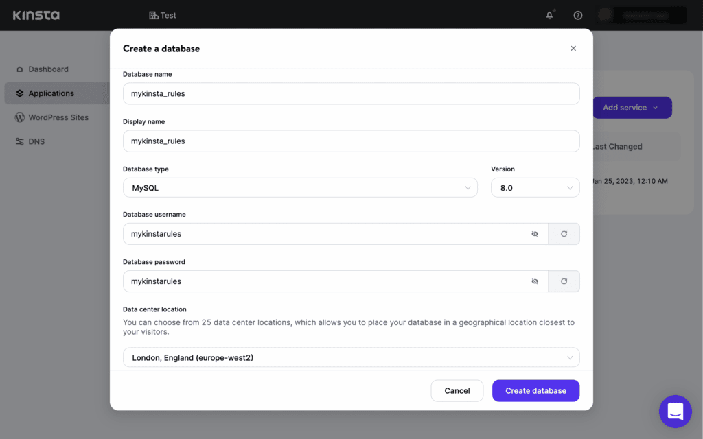 Menambahkan database baru ke MyKinsta