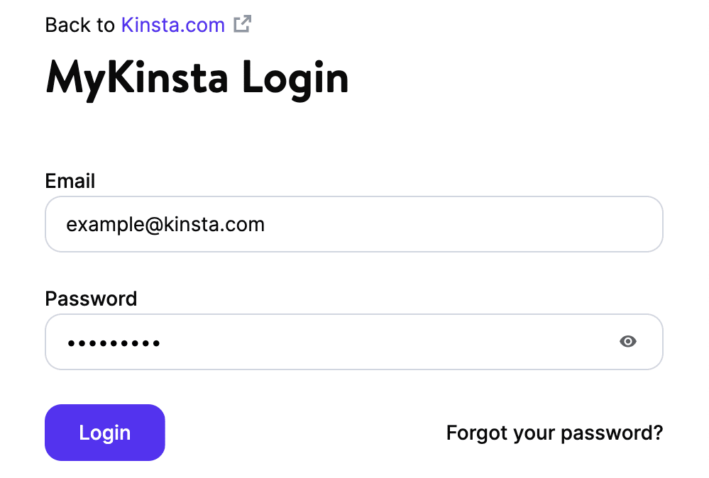 صفحة تسجيل الدخول إلى MyKinsta