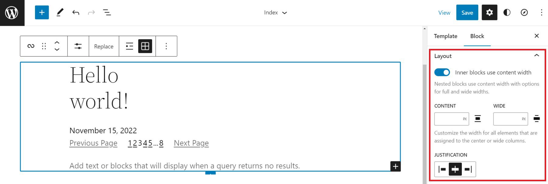 Impostazioni della barra laterale del ciclo di query - Larghezza del contenuto nidificato del layout