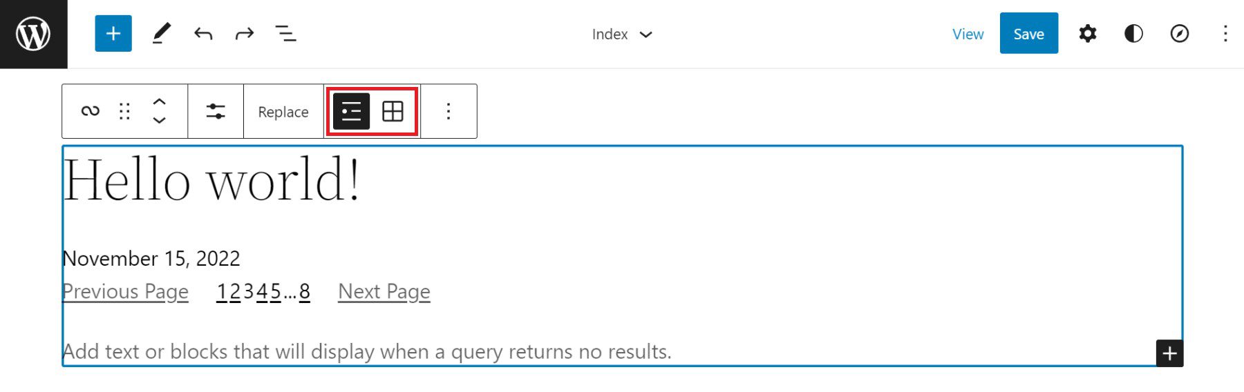 แถบเครื่องมือ Query Loop - List vs. Grid View Toggle