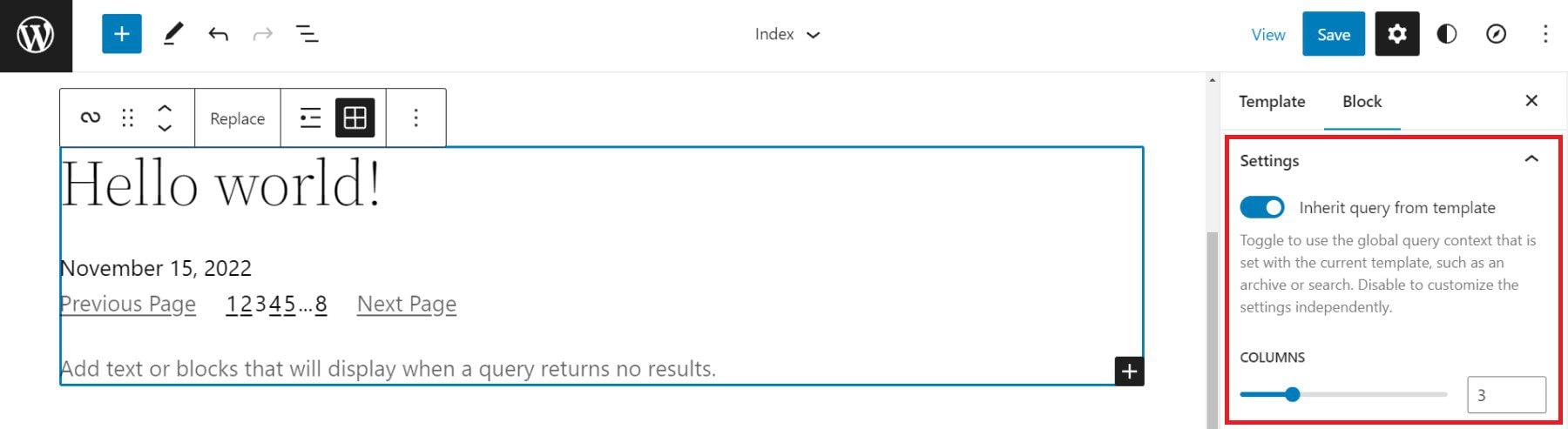 Impostazioni della barra laterale del ciclo di query: eredita le impostazioni della query