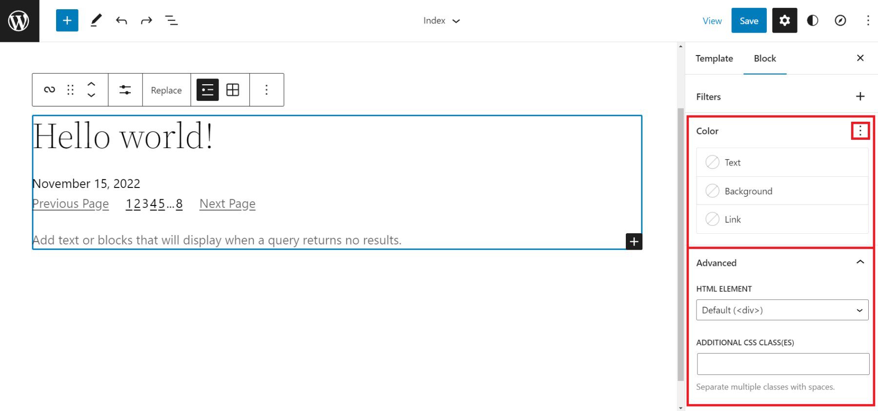 Pengaturan Query Loop Sidebar - Pengaturan Warna dan Lanjutan